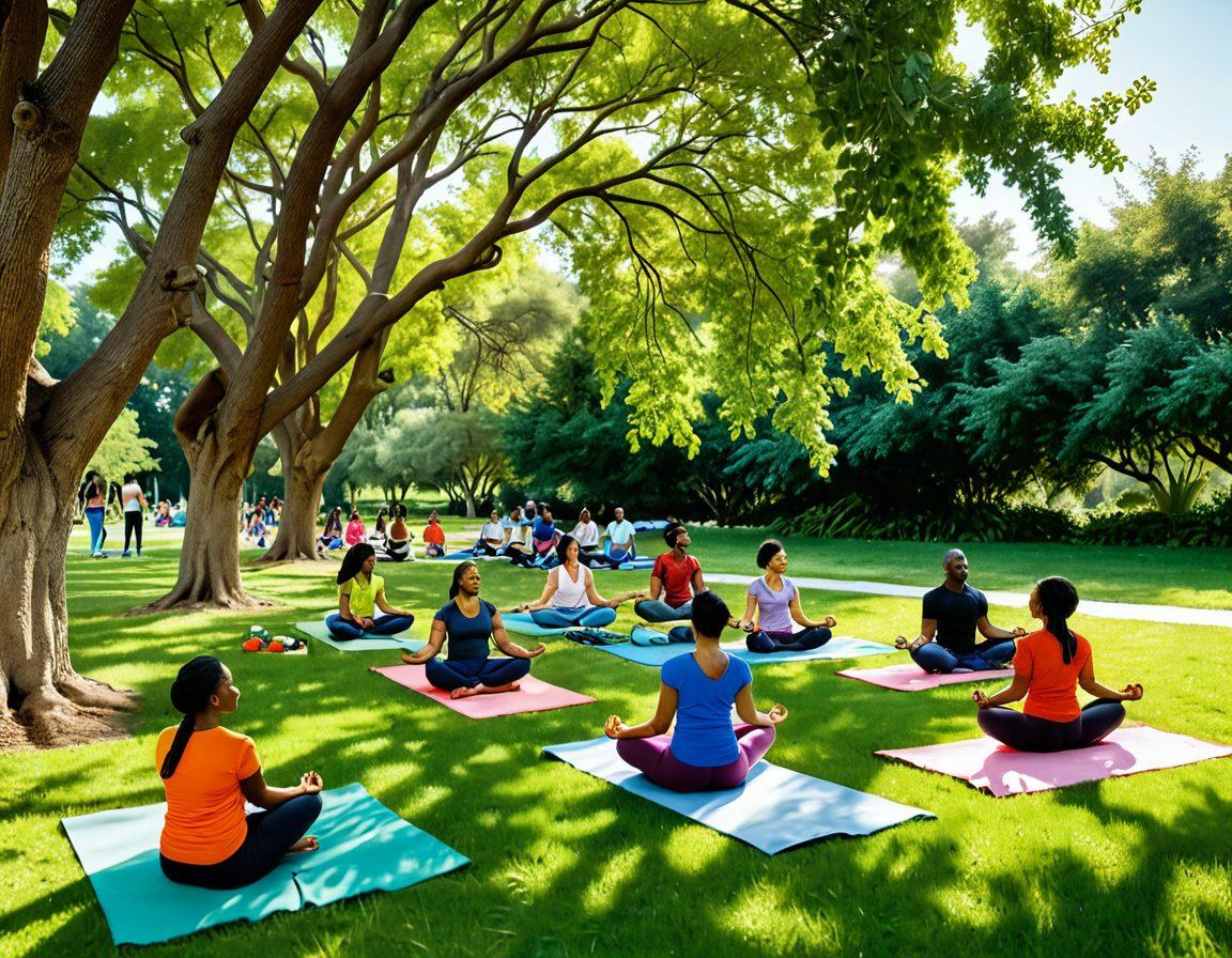 An illustrated scene depicting a diverse group of people enjoying various wellness activities, such as yoga, healthy eating, and a medical check-up, all set in a lush green park. Include sunlight filtering through the trees, symbols of preventive care like a stethoscope and fruits, and vibrant colors to evoke a sense of health and vitality. The atmosphere should feel inviting and optimistic. super-realistic. vibrant colors. 3D.