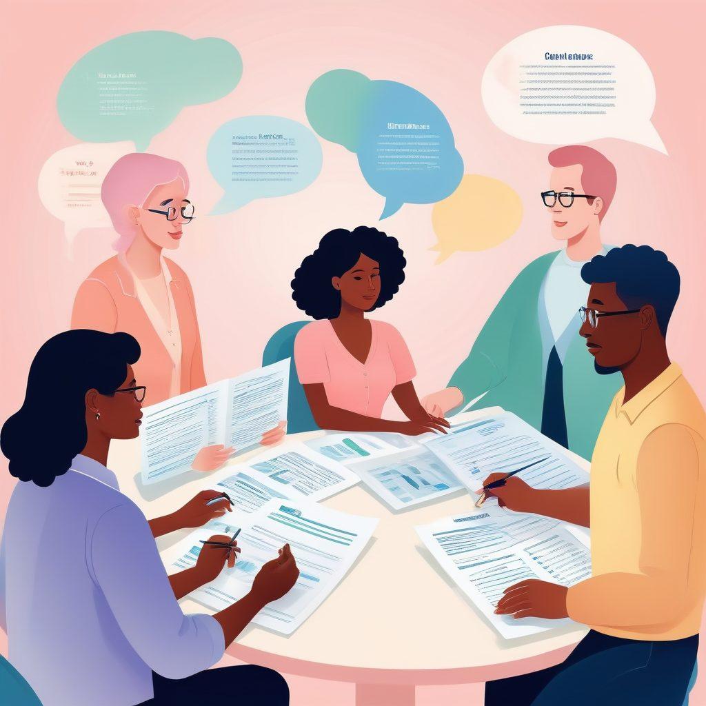 A visually engaging illustration depicting diverse groups of people exploring health insurance options, showcasing individual, family, and group scenarios. Include thought bubbles with icons representing various insurance benefits such as coverage, support, and wellness. Soft color palette to evoke a sense of calm and trust. Incorporate elements like charts and documents to signify information and decision-making. vector art. vibrant colors.