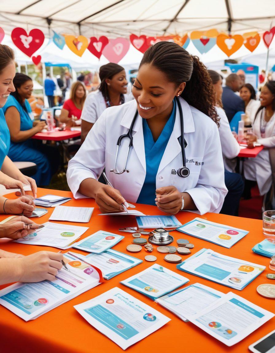 A diverse group of people happily discussing health insurance options at a community fair, surrounded by colorful booths showcasing wellness plans and healthcare symbols. Include visuals of a large key unlocking a health insurance policy document, symbols of affordability like coins and discount signs, and a backdrop of vibrant healthcare imagery such as stethoscopes and hearts. super-realistic. vibrant colors. 3D.